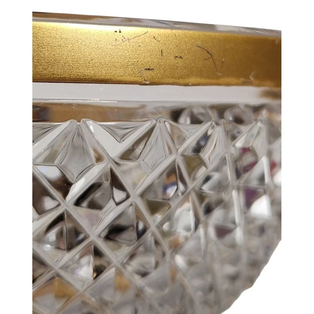 Vintage Moser Style Heavy Cut Crystal Lidded Candy Dish Gold Gilt Pedestal Cover